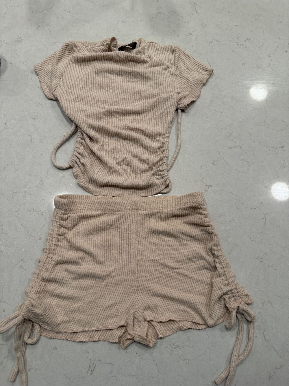 Ribbed Drawstring Shorts Set- Cream